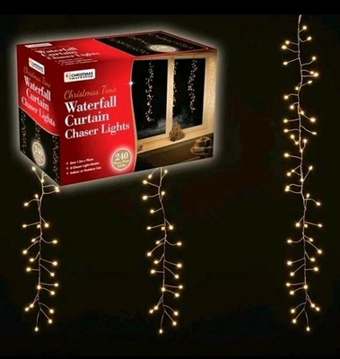 240 LED Warm White Waterfall Curtain Chaser Lights 1.2 m x 0.7 m Indoor/Outdoor  - Image 1 of 4