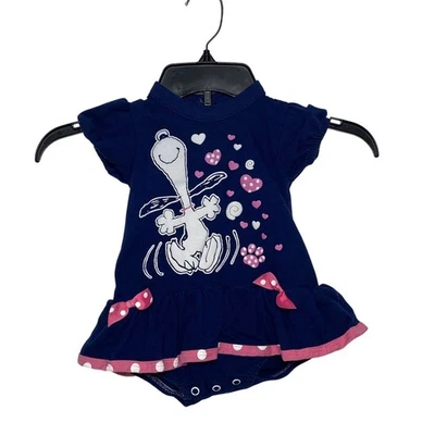 Vestido body vintage Snoopy Happy Dancing talla 12 meses azul con ribete rosa Foto 1 de 4