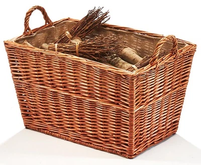 Kaminholzkorb Holzkorb Allzweckkorb Flechtkorb eckig m. Griffen Weide Jutestoff - Bild 1 von 4