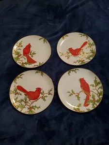 Set of 4 Fitz and Floyd Christmas Holly Cardinal Plates 7 5/8” Mint - Picture 1 of 10