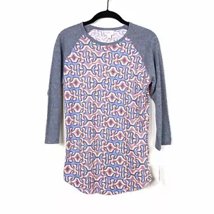 NWT LuLaRoe Randy Tee Women's Size XS Gray Blue Coral Printed Raglan Sleeve Top - Picture 1 of 8