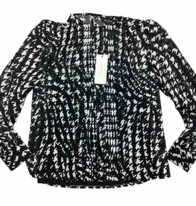 Blusa Karen Millen Negro Blanco Estampado Animal Pintuck Mangas Largas UK14 - Imagen 1 de 10