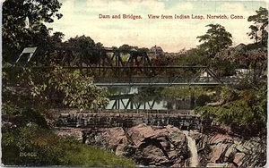 Postal de la década de 1910 CT Norwich Conn presa y puentes vista desde el puente Indian Leap RR - Imagen 1 de 2