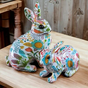 Easter Spring Wild Flowers Bunny Rabbit Poly Resin Figurine Tabletop Decor Set - Picture 1 of 9