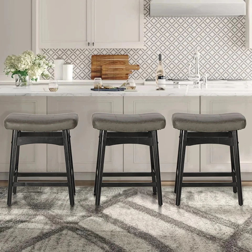 Saddle Seat Bar Stools Set of 3 Counter Height Barstool Solid Leg - Image 1 of 4