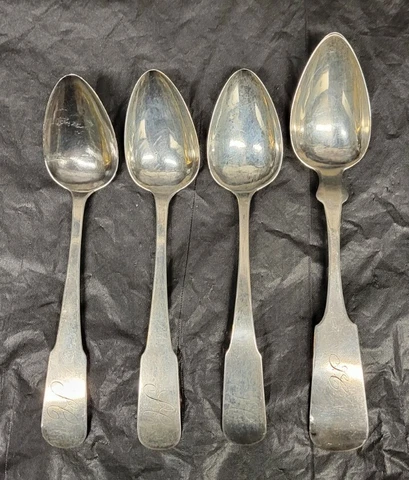 4 Antique 1850's OSCAR O.E. SIBLEY NY Coin Silver FIDDLE Tea Spoons 41 grams Cover