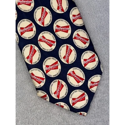 Gravata masculina Budweiser gravata de seda clássica americana padrão azul marinho vermelha branca - Imagem 1 de 4