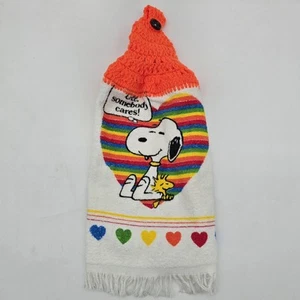 Vintage Snoopy & Woodstock Hand Towel Crochet Top Gee Somebody Cares Rainbow Hea - Picture 1 of 13