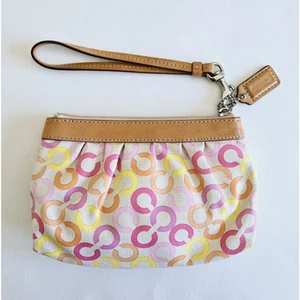 Coach Handgelenktasche rosa Op Art Signatur Reißverschluss Clutch Vachetta Lederbesatz Retro Y2K - Bild 1 von 12