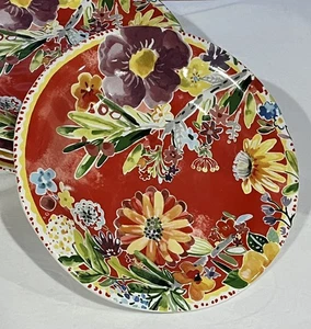 Pier 1 Imports Floral Porcelain Dinner Plates 10.5” Colorful Dot Trim Set of 7 - Picture 1 of 6