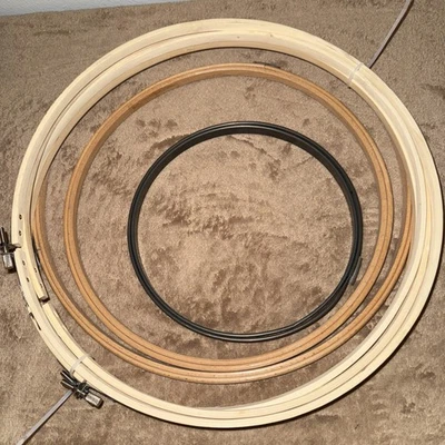 Lot of 7 Wooden Metal Embroidery Hoops Adjustable Screw Tension Round 12” 10” 7” - Image 1 of 2