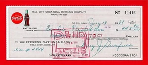 1968 Coca Cola Tell City Ind Old Bottling Check #11416 - Imagen 1 de 1