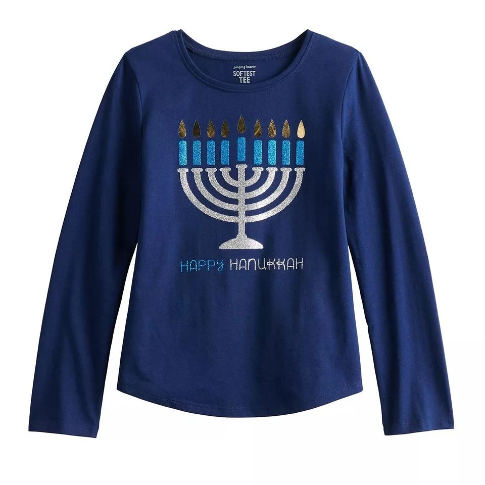 NEW Girls Happy Hanukkah Glitter Menorah Graphic Tee longsleeve shirt sz 4T or 5 - Image 1 of 1