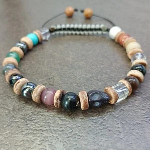 Mens Wood Stone Glass Bead Bracelet Chakra Surfer Prayer Meditation Yoga Energy - Picture 1 of 7