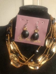 Set Premier Designs Jewelry Hook Earrings Black Essence Encore With Necklace - Picture 1 of 5