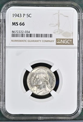 1943-P Jefferson nickel graded by NGC MS66 - Image 1 of 2