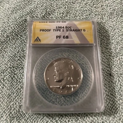 1964 ANACS PF68 PROOF TYPE 1 STRAIGHT G SILVER KENNEDY HALF Dollar 90% Silver - Image 1 of 3
