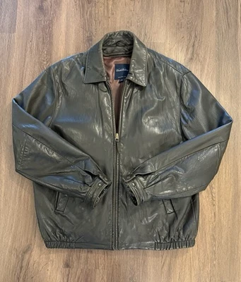 Mens Medium M Brooks Brothers Soft Brown Leather Bomber Jacket - Small Rip - Image 1 of 4