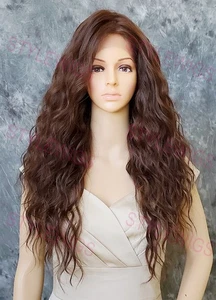 Peluca marrón/castaño rojizo/rubia larga ondulada segura al calor encaje frontal/parte superior mezcla cabello humano EVFF - Imagen 1 de 9