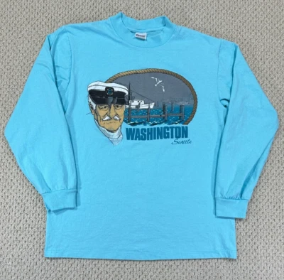 Vtg 80s Stedman Long Sleeve T-Shirt Size L Seattle WA Fisherman Print Made USA - Image 1 of 4