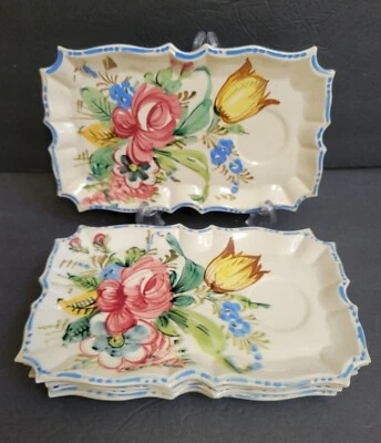 5 Hand Painted Italy For Gimbel Snack Plates Flowers Rose Floral Majolica *Mint* - Image 1 of 4