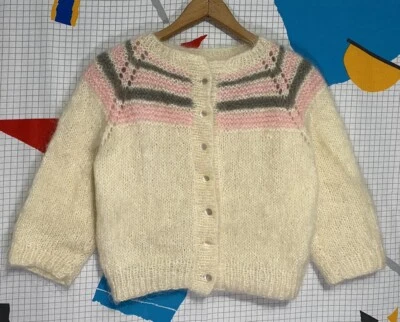 Vintage 50s Mohair Cardigan Sweater S/M Striped Wool Cropped Fit 60s 3/4 Sleeve - Image 1 of 4