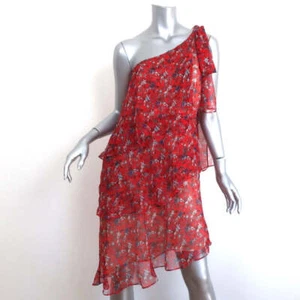 Just Cavalli One Shoulder Tiered Dress Red Star Print Chiffon Size 42 - Picture 1 of 9