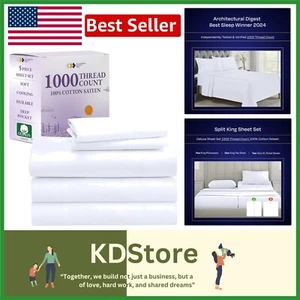 Ultra Luxury Split King Sheet Set - 100% Cotton Sateen, No Fade, Cooling Comfort - Picture 1 of 10