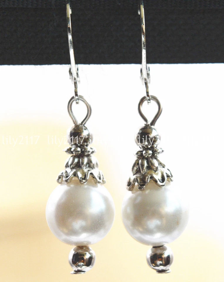 Lindo brinco pendurado prata tibetana contas redondas pérola concha branca 8/10/12 mm AAA - Imagem 1 de 3