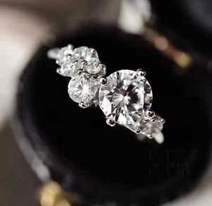 14K White Gold Plated 2 Ct Round Cut Moissanite Women's Cluster Engagement Ring - Picture 1 of 6