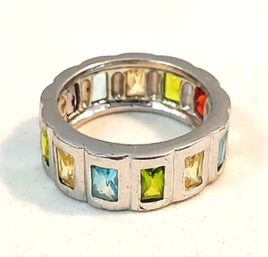 Vintage 18KGE White Gold Multi Color Baguette Gemstones Eternity Ring sz 8.5 - Picture 1 of 10