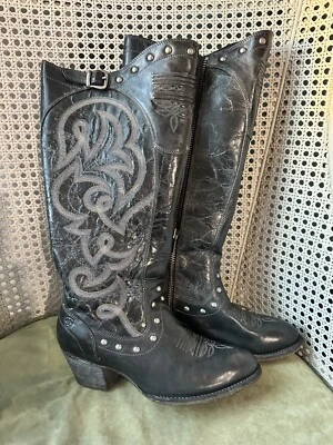 Ariat Wanderlust 14” Tall Distressed Leather Boots Black Size 7.5B Side Zip EUC! - Image 1 of 4