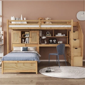 Twin Over Twin Size Pine Loft Bed w/Desk, Storage & Storage Staircase Natural - Picture 1 of 19
