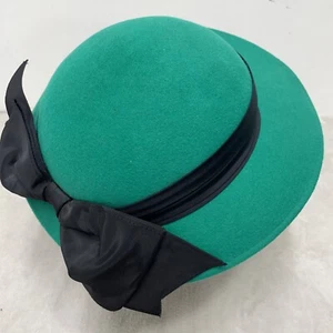 Vintage 100% Wool Felt Hat Geo W. Bollman & Co. Green Teal Black Bow Ladies - Picture 1 of 11