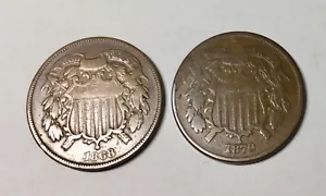 1868 & 1870 USA Two Cents Coin Pair decent grade pieces Check Pictures! - Picture 1 of 2