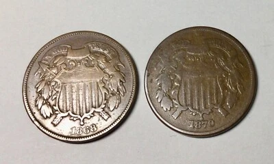 1868 & 1870 USA Two Cents Coin Pair decent grade pieces Check Pictures! - Image 1 of 2