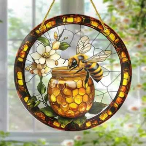 Honey Pot Bee Flower Suncatcher Stained Glass Effect Home Decor Christmas Gift - Picture 1 of 4