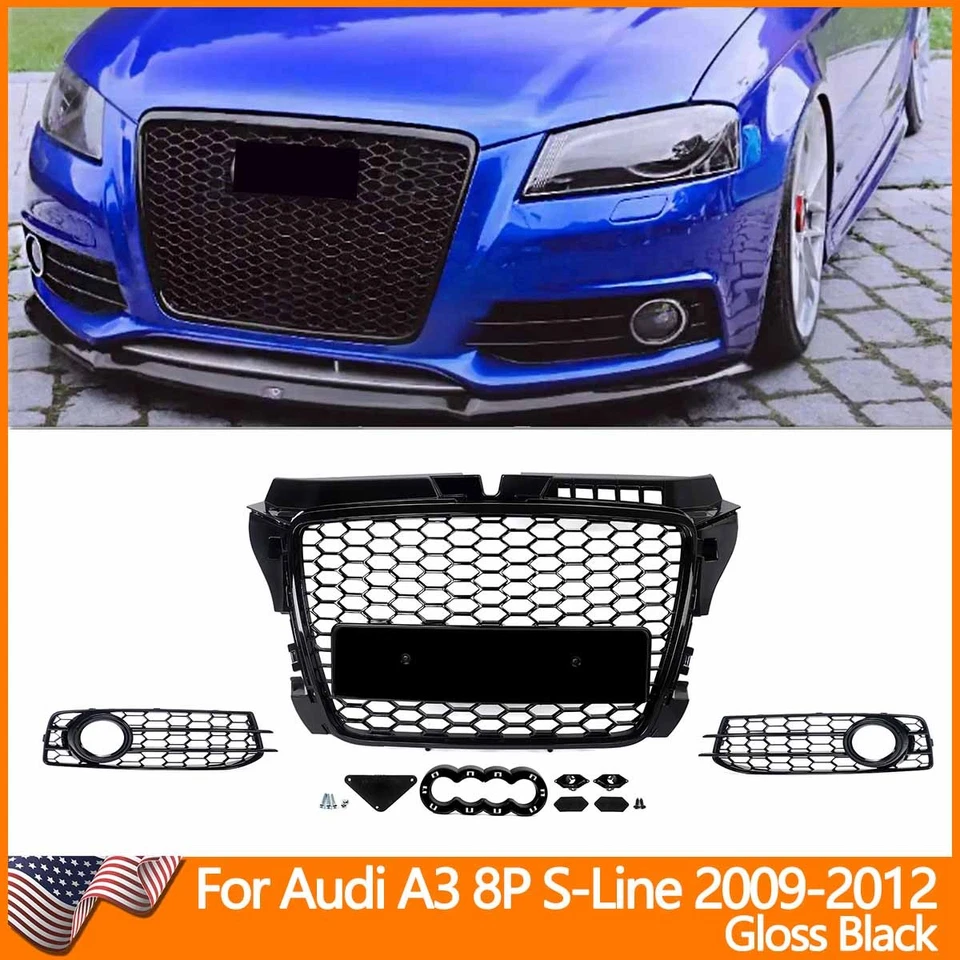 RS3 Style Honeycomb Front Grille & Fog Lights For Audi A3 Sline 2009-2012 Black - Imagem 1 de 4
