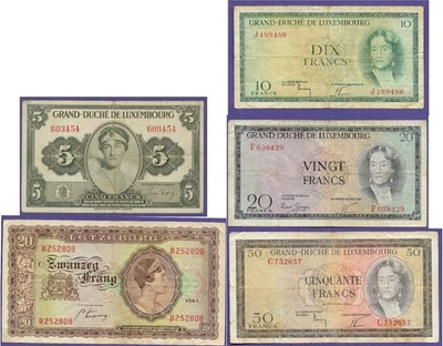 LUXEMBOURG 5 Banknotes 20 Francs P42 (1943) and 5 Francs P43 (1954) P48, 49, 51 - Image 1 of 4