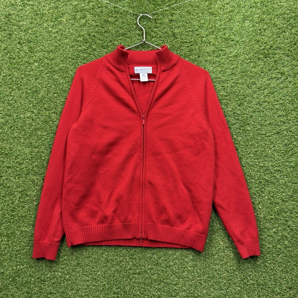 Vintage PENDLETON Merino Wool Sweater Womens Medium Red Full Zip Up Holidays - Image 1 of 4