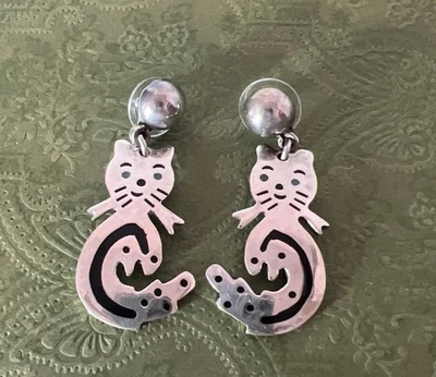 Vintage Solid 925 Sterling Silver Taxco Kitty Cat Mermaid Dangle Earrings HEAVY - Image 1 of 4