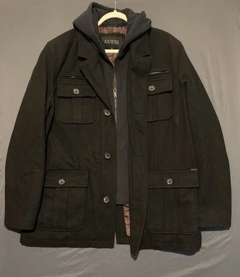 GUESS Heavyweight Pea Coat Mens XL Black Wool Blend with Removable Hood Utility - Image 1 of 4