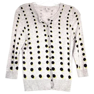 Halogen Cardigan Sweater Womens Small Gray Black Yellow Polka Dot 3/4 Sleeve - Image 1 of 4