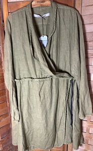 Cunthia Ashby NWT Medium B 46” W 42” L 39” A 25” 100% Linen Army Green Mock Wrap - Picture 1 of 9