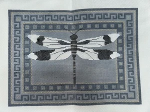 Large Dragonfly Greek Key Grey Border Handpainted Needlepoint Canvas JP Designs - Picture 1 of 12