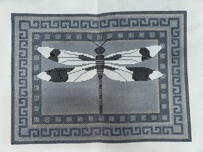 Large Dragonfly Greek Key Grey Border Handpainted Needlepoint Canvas JP Designs - Image 1 of 4