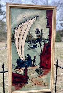 MCM Venedig Gondel Ölgemälde signiert Tzen 37,5” gerahmt 60er Jahre Italien Boot Kunst - Bild 1 von 14