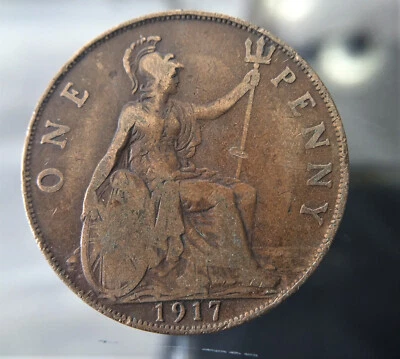 1917, Reino Unido, Grã-Bretanha, 1 centavo, moeda de bronze, Grã-Bretanha sentada, Rei George V - Imagem 1 de 2