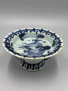 Antique 19th Edo Period Japanese Blue Dragon Porcelain Footed Plate 6 1/2'' - Picture 1 of 13