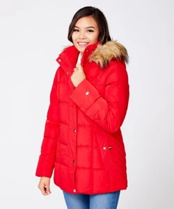 Tommy Hilfiger Women Quilted Hooded Faux Fur Trim Coat Puffer Jacket Plus 0X Red - Picture 1 of 5